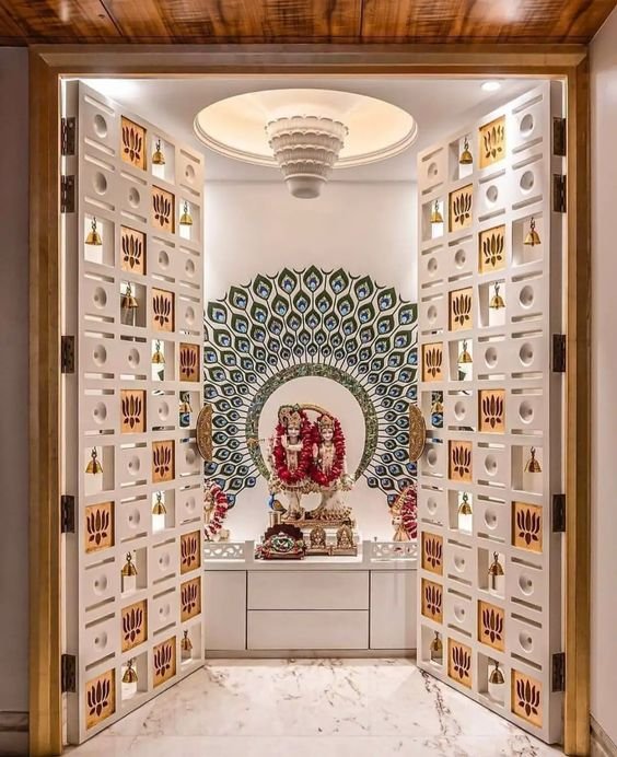 Elegant pooja room designed by Urbanspace Builders, featuring Vastu principles for spiritual harmony and peaceful living.